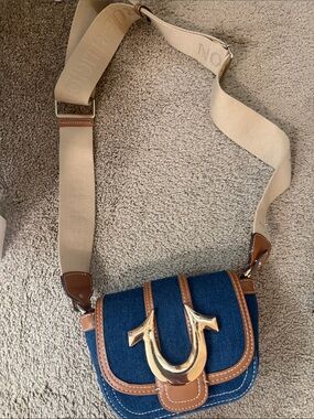 True Religion Blue Denim Crossbody with Brown Trim and Gold Hardware